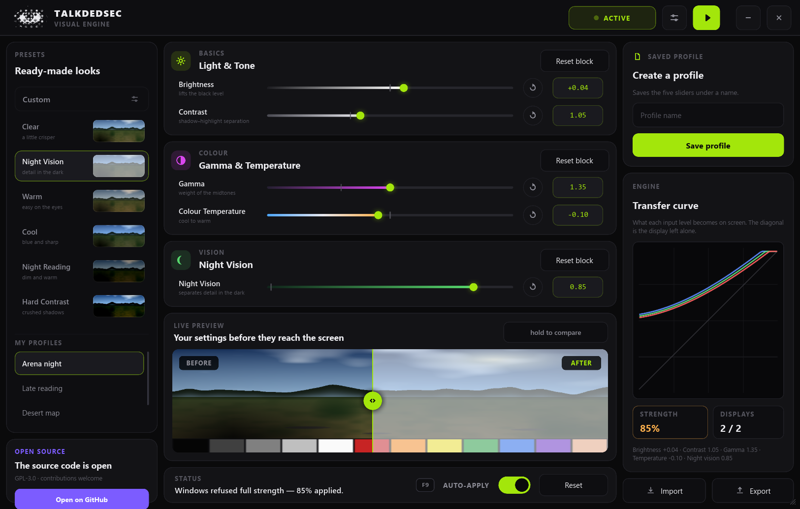 The Talkdedsec Visual panel with the Night Vision preset active: presets on the left, three control cards and a before/after preview in the centre, and on the right the drawn transfer curve with Windows having allowed 85% strength.